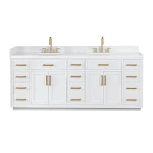 Gavino 84 in.W x 22 in.D x 34 in.H Bath Vanity in White with Grain White Composite Stone Top