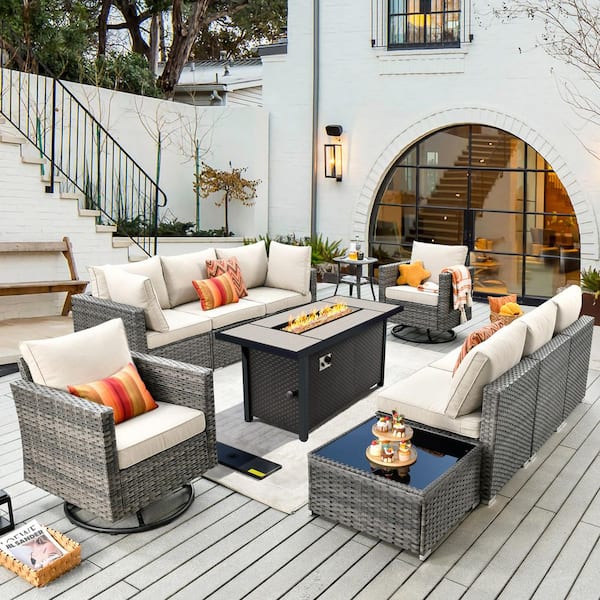 Ethereal Grove 11 Pieces Wicker Outdoor Patio Rectangular Fire Pit Set and Swivel Rocking Chairs with Beige Cushions