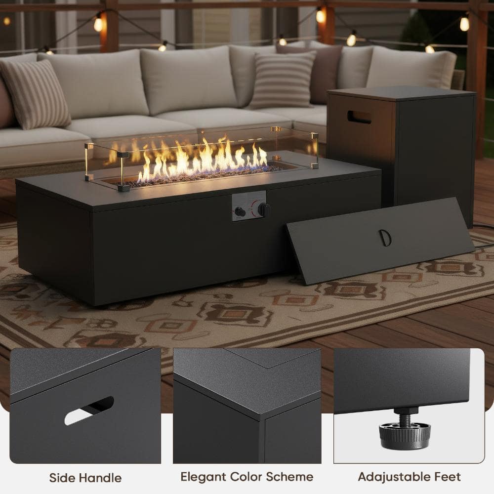Outdoor wicker conversation set with fire pit table on a deck.
