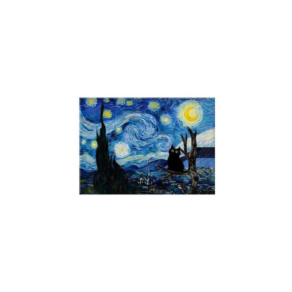 Funny Starry Night Cat Canvas Wall Art Famous Oil Paintings Black