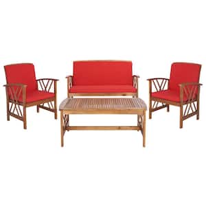Fontana Natural 4-Piece Wood Patio Conversation Set with Red Cushions
