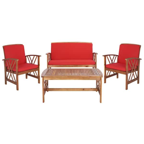 SAFAVIEH Fontana Natural 4-Piece Wood Patio Conversation Set with Red Cushions