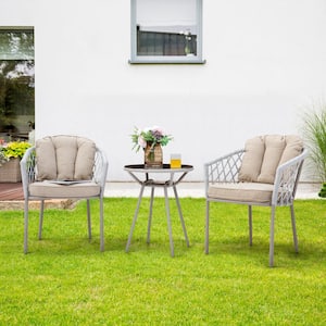3-Piece Metal Outdoor Rope Weave Bistro Set with Beige Cushion