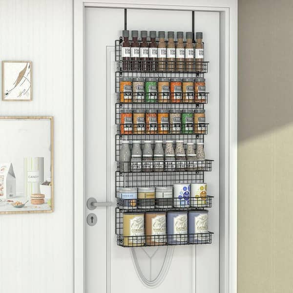 6-Shelf Black Wall Mounted Over Door Spice Rack Organizer Large Capacity Adjustable Iron Storage