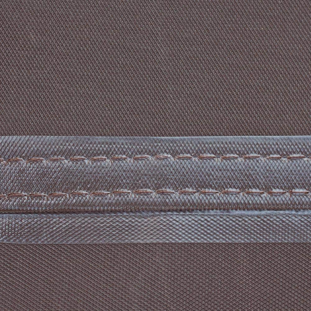 Close-up of double-stitched seams on mocha brown fabric.