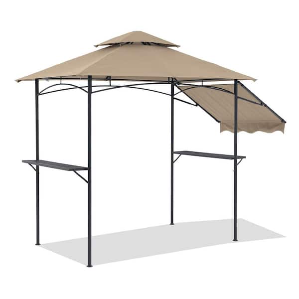 Grill Gazebo 8 ft. x 5 ft. Outdoor Patio Backyard BBQ Grill Shelter with Side Awning, Double Tiered, Beige