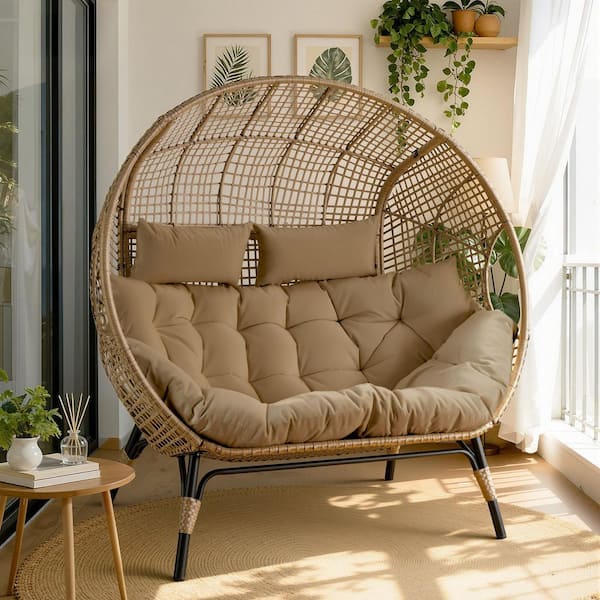 Oversized 2-Person Outdoor Wicker Lounge Egg Chair Double Patio Loveseat with 6.5 in. Brown Cushion, 680 lbs. Capacity