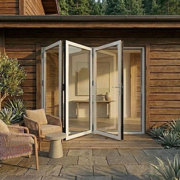 96 in. x 80 in. White Right to Left/Outswing Aluminum Folding Patio Door with Double Tempered Low-E Glass and Lock Set