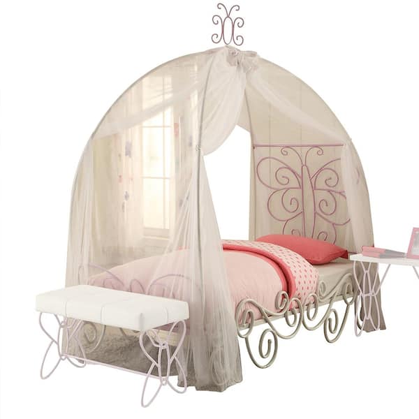 Acme Furniture Priya II 41 in. W White and Light Purple Twin Size Bed with Canopy Metal Tube