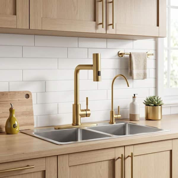 Brushed Gold 15.7 in. Single Handle Pull Down Sprayer Kitchen Faucet with 360° Swivel Spout and Drinking Water Faucet