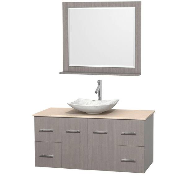 Wyndham Collection Centra 48 in. Vanity in Gray Oak with Marble Vanity Top in Ivory, Carrara White Marble Sink and 36 in. Mirror