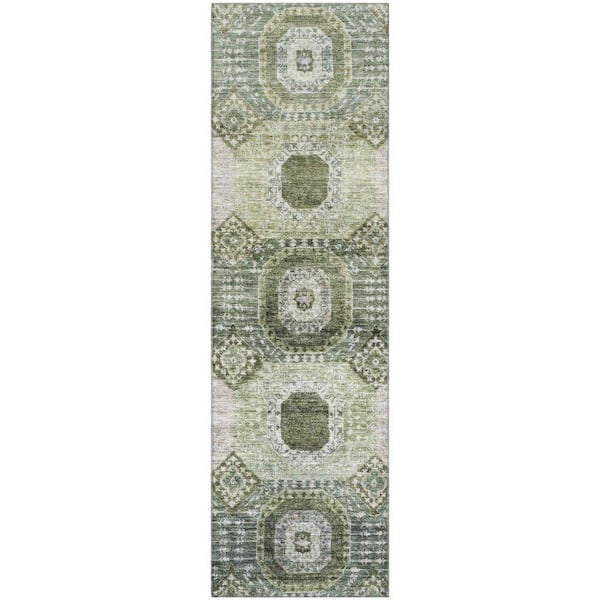 Mayfield Premium Machine Washable Abstract AMF1926 Olive 2 ft. x 7 ft. Runner Rug