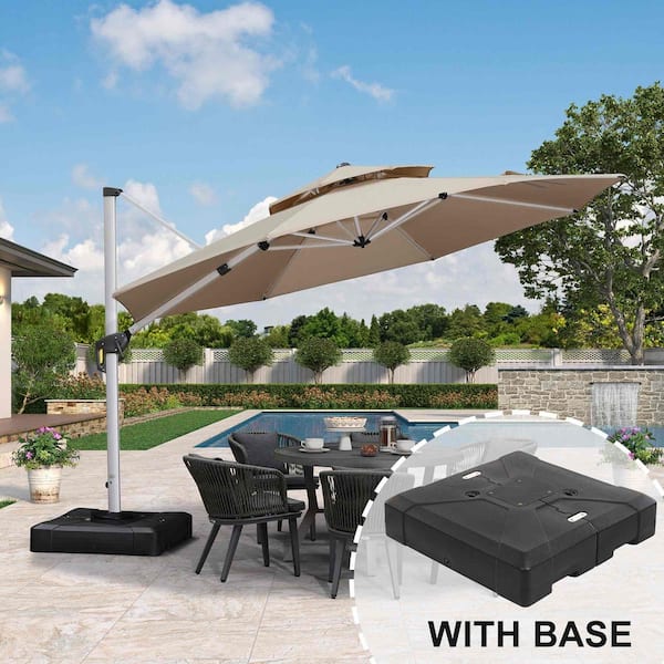 12 ft. Octagon Aluminum Solar Powered LED Patio Cantilever Offset Umbrella with Stand, Beige