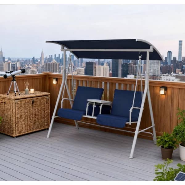 2-Person Dark Blue Metal Patio Swing with Adjustable Canopy, Cushions, Cup Holders and Storage Tray