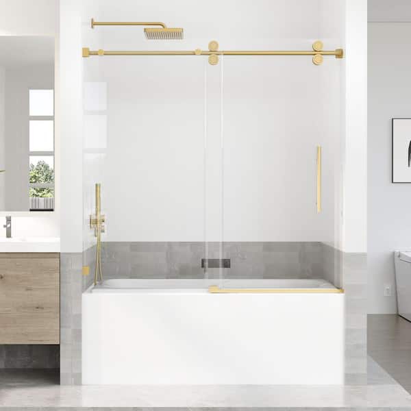 Opvande 56-60 in. W x 66 in. H Sliding Frameless Bathtub Door in Brushed Gold with 3/8 in. Tempered Clear Glass
