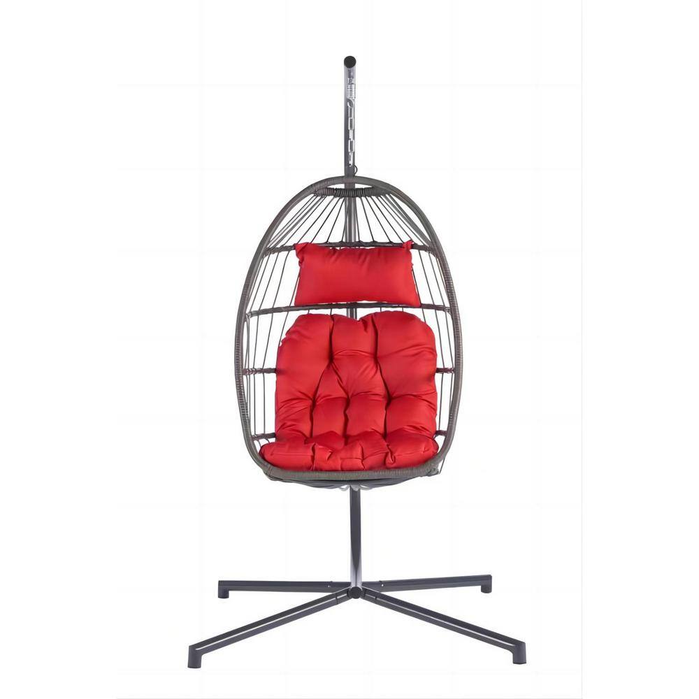 Angel Sar 40 in. 1-Person Rattan Patio Egg Swing Chair with Red ...
