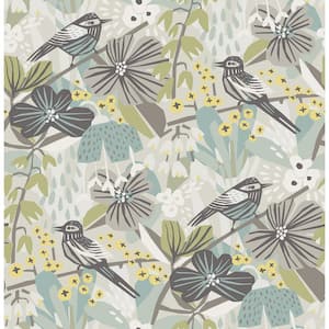 Grey Aqua Jaybird Vinyl Matte Peel and Stick Wallpaper Roll