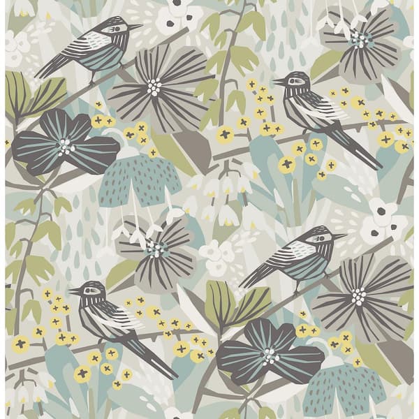 NuWallpaper Grey Aqua Jaybird Peel and Stick Wallpaper Sample