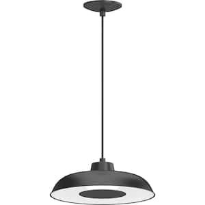1-Light Integrated LED Indoor Sleek Black Modern Professional Office Bowl Hanging Pendant w/ White Lens & Light Cover