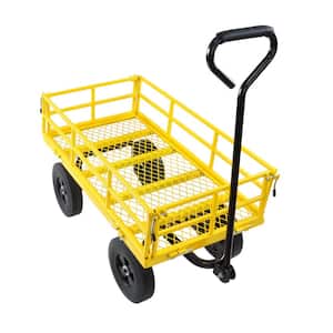 3.5 cu.ft. Mesh Steel Frame Wagon Heavy-Duty Push Garden Cart with Removable Sides for Outdoor Lawn Landscape in Yellow