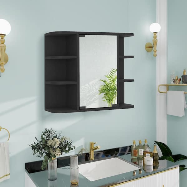 23.6 in. W x 19.6 in. H Rectangular Wooden Medicine Cabinet with Mirror, Black