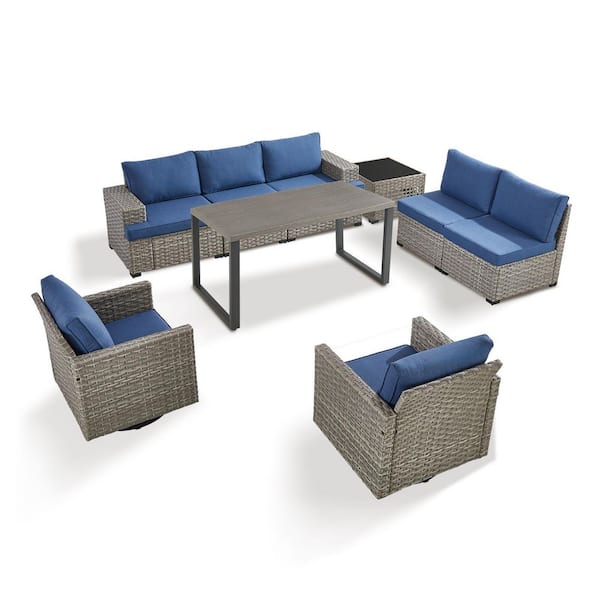 ModNest Taupe 9-Piece Wicker Patio Conversation Set, Modular Sofa Set with Navy Blue Cushions and Dining Table