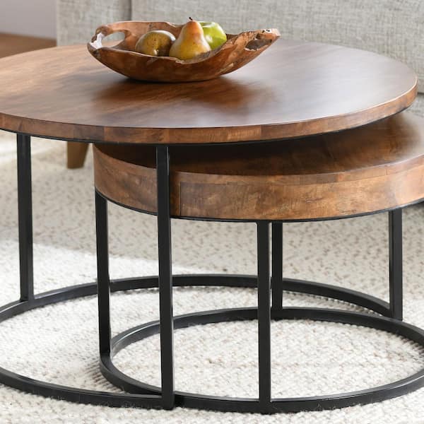 Anselm 32 in. Brown+Black Round Wood Nesting Coffee Table