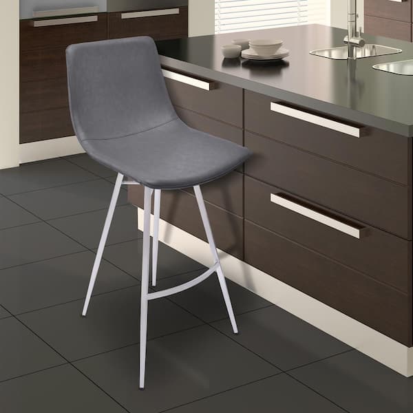 Armen Living Athens 26 in. Vintage Gray Faux Leather and Brushed Stainless Steel Bar Stool