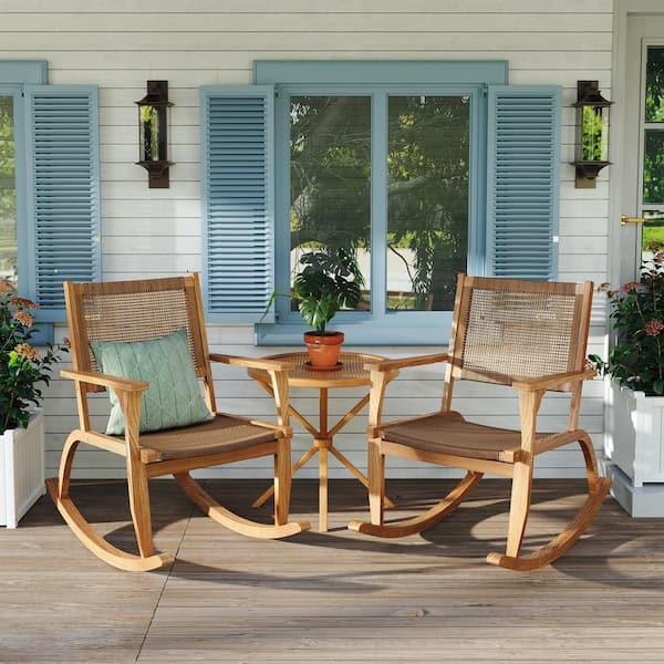 wayofatry 2-Pieces Acacia Wood Outdoor Rocking Chair Set with Wicker Rattan Seat and Backrest in Natural for Backyard