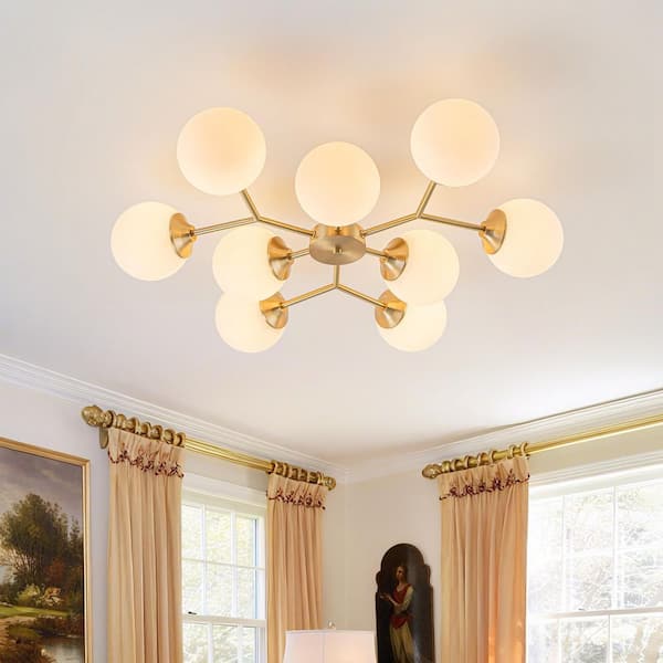 Lucie 31.5 in. 9-Light Brass Modern Sputnik Semi-Flush Mount Ceiling Light with Globe Glass Shades