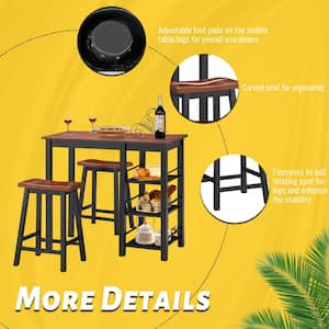 3-Pieces Counter Height Dining Table Set with 2 Saddle Stools and Storage Shelves Seats 2
