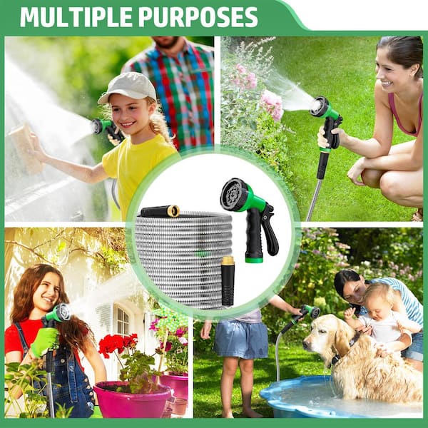 5/8 in. Dia. x 50 ft. Heavy-Duty 304 Stainless Steel Metal Water Garden Hose with 10-Function Nozzle