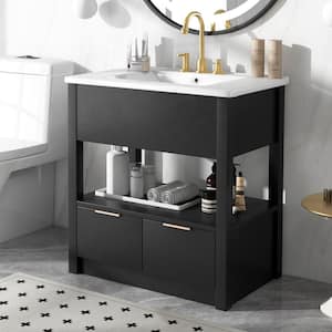 30 in. W. x 18 in. D x 33 in. H Single Sink Solid Wood Frame Freestanding Bath Vanity in Black with White Ceramic Top