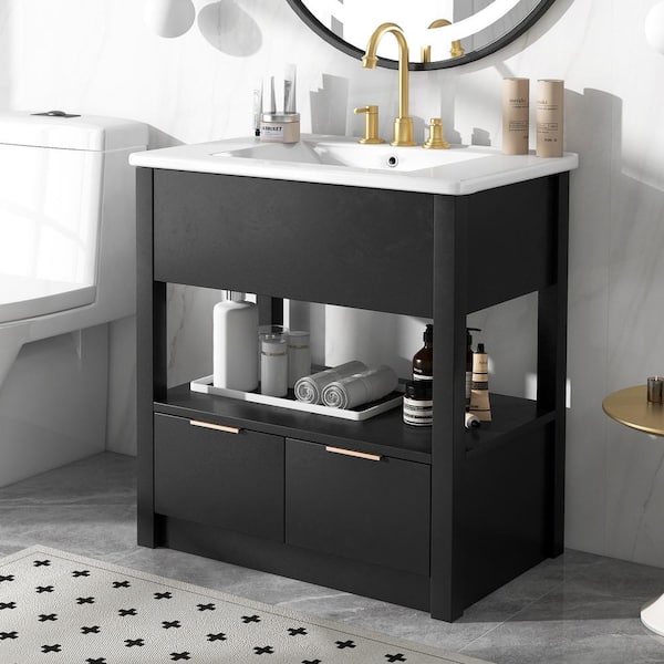 FAMYYT 30 in. W. x 18 in. D x 33 in. H Single Sink Solid Wood Frame Freestanding Bath Vanity in Black with White Ceramic Top