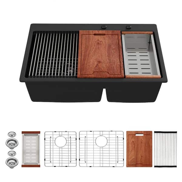 33 in. Drop-in Sink Low Divide 60/40 Double Bowl Quartz/Granite Composite Workstation Kitchen Sink in Matte Black