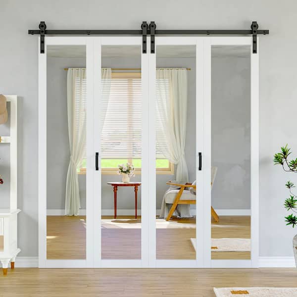 80 in. W. x 84 in. 1-Lite Mirrored Glass Solid Core White Finished Composite Bi-Fold Door with Bifold Barn Door Hardware