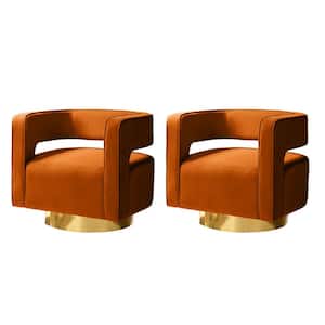 Gustaf Contemporary Orange Velvet Comfy Swivel Barrel Chair with Open Back and Metal Base (Set of 2)