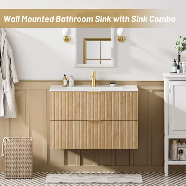30 in. Floating Oak Wood Bath Vanity with White Ceramic Top Unassembled, Dual-Drawer Storage, Horizontal Stripe Design