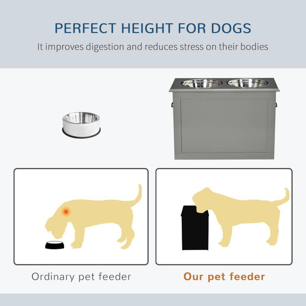 Gray Elevated Pet Feeding Station with Stainless Steel Bowls