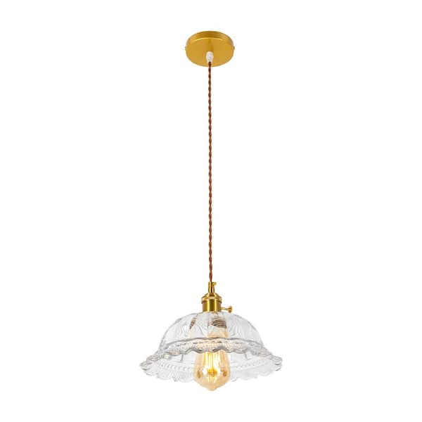 OUKANING 60-Watt 1-Light Gold Modern Pendant-Light with Clear Flower-Shape Glass Shade for Dining Room, No Bulbs Included