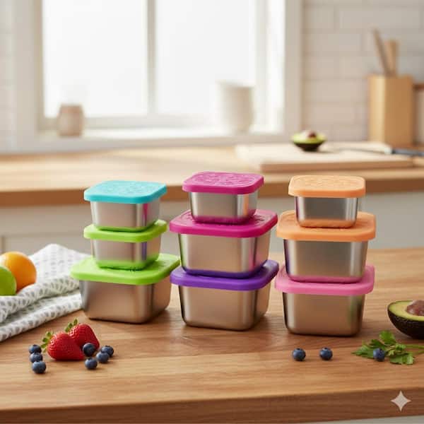 6 oz. and 2 oz. Stainless Steel Portion Cups Colorful Silicone Lids Snack and Salad Dressing Containers 12-Pack Reusable