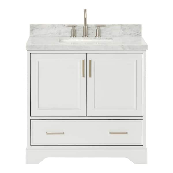 Stafford 36 in. W x 22 in. D x 36 in. H Single Sink Freestanding Bath Vanity in White with Carrara White Marble Top