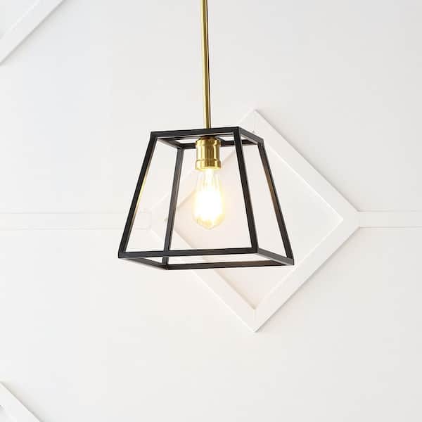 JONATHAN Y Girard 9.25 in. 1-Light Black/Brass Gold Farmhouse Industrial Iron LED Lantern Pendant