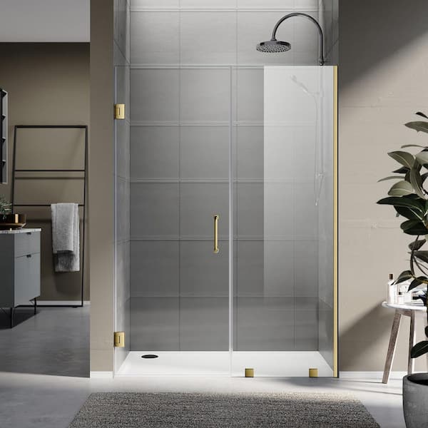 UKH07-A 51-1/8 to 52 in. W x 80 in. H Hinged Frameless Shower Door in Satin Brass, EnduroShield 3/8" SGCC Clear Glass
