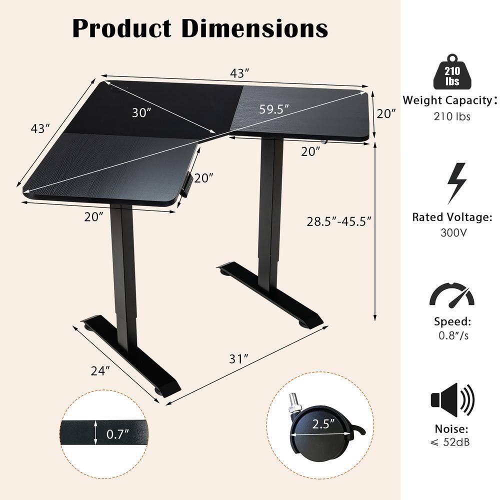 Black Adjustable Height L-Shaped Standing Desk with Hooks
