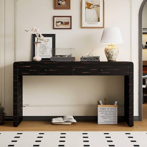 55 in. Distressed Black Rectangle Wood Console Table Entryway Table