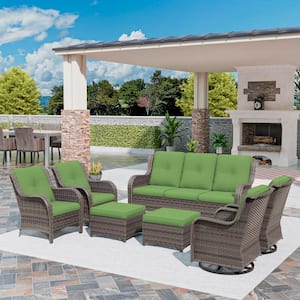 Brown 7-Piece Wicker Outdoor Patio Conversation Set Sectional Sofa with Green Cushions