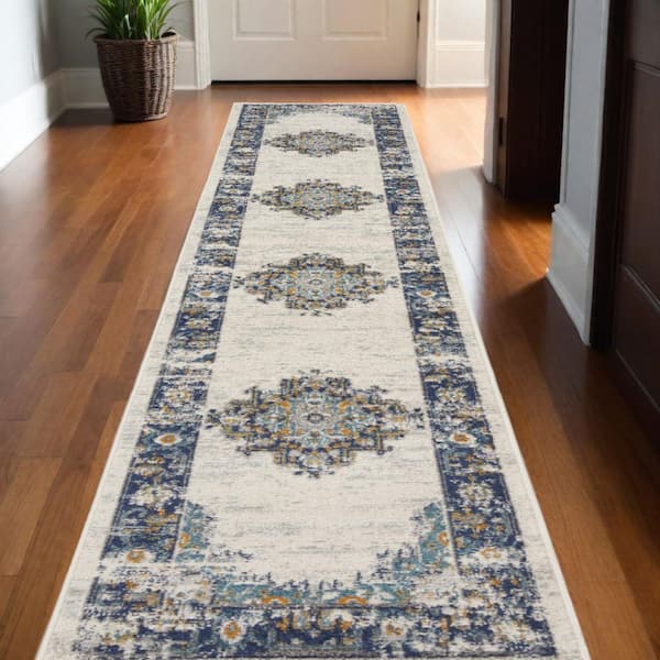 2 X 10 Blue Oriental Washable Area Rug Runner Rug