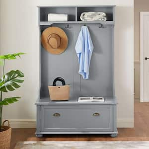 Gray Hall Tree Entryway Bench with Open Shelves, Shoe Cabinets and Solid Wood Feet