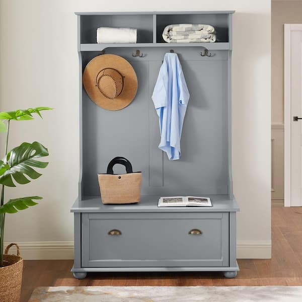 Angel Sar Gray Hall Tree Entryway Bench with Open Shelves, Shoe Cabinets and Solid Wood Feet